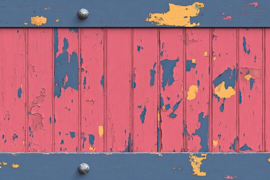 Weathered red planks with blue trim and peeling paint