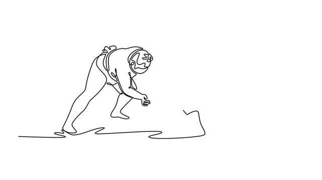 Self drawing animation of single line draw two large Sumo wrestlers locked in fierce, low-to-the-ground grapple, the intense struggle for grip and position. Continuous line draw. Full length animated