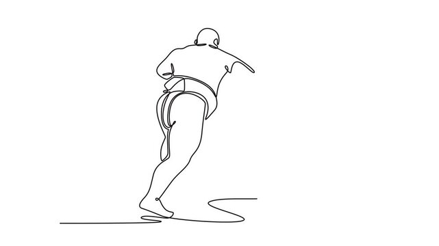 Self drawing animation of single line draw two massive Sumo wrestlers locked in close-quarters embrace, gripping each other belts in fierce struggle for control. Continuous line. Full length animated