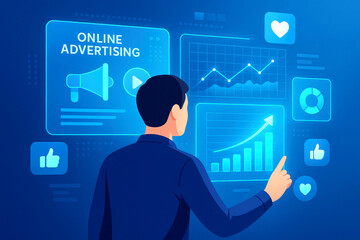Person engaging with online advertising data and social media metrics on a digital screen digital marketing