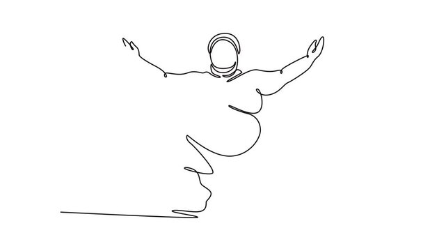 Animated self drawing of continuous line draw large Sumo wrestler in powerful squat with arms raised wide, the imposing posture and ceremonial nature of Shiko ritual. Full length single line animation