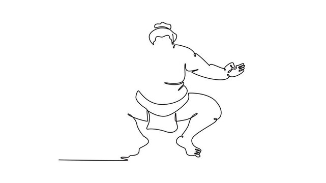 Animated self drawing of continuous line draw muscular Sumo wrestler in traditional, deep ceremonial squat (Shiko), with arms outstretched, powerful grounded stance. Full length single line animation
