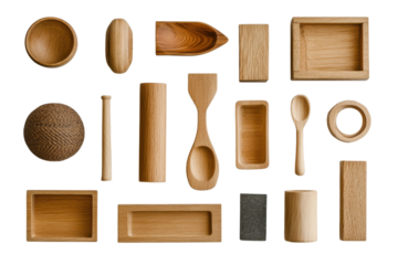 Assortment of handcrafted wooden kitchenware and decorative objects displayed against a on transparent background