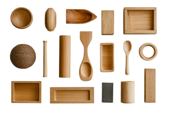Assortment of handcrafted wooden kitchenware and decorative objects displayed against a on transparent background