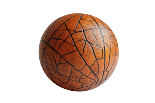 Close up of a textured orange basketball with black lines for sports content on transparent background