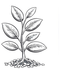 Hand-drawn Plant Sketch with Leaves and Small Rocks, Black and White Botanical Illustration