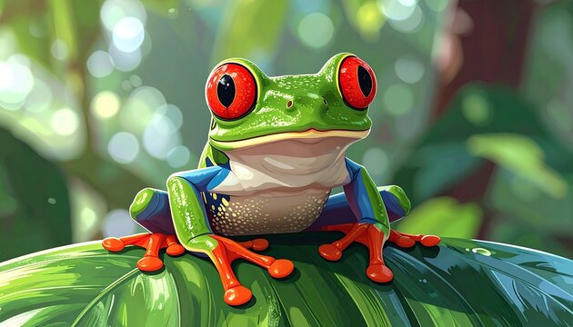 Vibrant cartoonish frog with red eyes, atop a leaf in a jungle setting