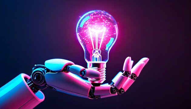 Robot hand holding a glowing lightbulb, symbolizing innovation and artificial intelligence. - Powered by Adobe