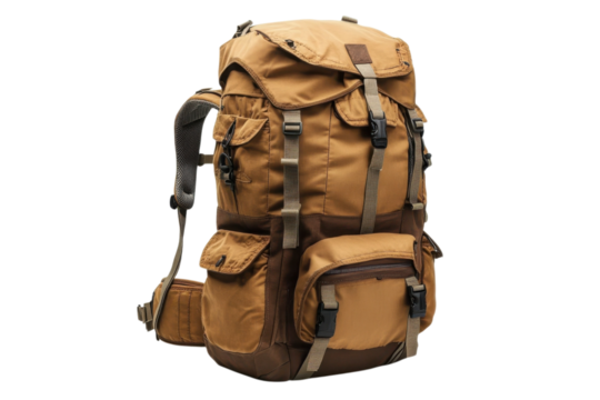 Durable hiking backpack in tan and brown perfect for outdoor adventures and camping expeditions gear ready on transparent background