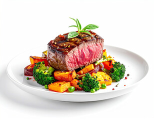 Elevated dinner plate, organic, grass-fed beef roasted vegetables, white background. AI