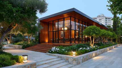Modern pavilion glows amid lush gardens