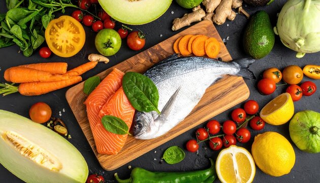 Assortment of fresh healthy food ingredients including fish salmon carrots lemons and melons on a dark background.