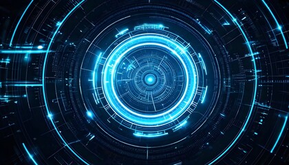 Glowing blue futuristic circular user interface with complex digital data streams and circuits.