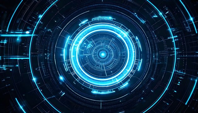 Glowing blue futuristic circular user interface with complex digital data streams and circuits.