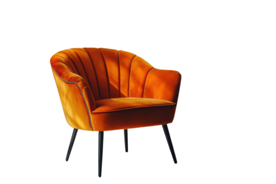 Stylish orange velvet armchair with black legs adds a pop of color to any modern living room decor on transparent background - Powered by Adobe