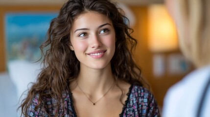 Patient with wavy hair smiles at doctor
