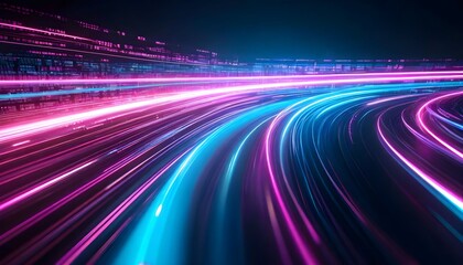 Abstract visualization of light trails on a highway at night, showcasing speed and motion with vibrant neon colors.
