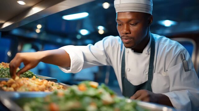 A ship cook preparing nutritious meals in a compact, busy galley for the entire crew highlights culinary skill under challenging conditions, ration management, morale boosting, and the essential