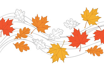 Autumn leaves blowing in the wind in a decorative pattern.