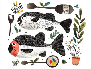 Two fresh fish lie on a kitchen counter, surrounded by herbs and utensils. The ingredients are ready for cooking a healthy seafood dish in this watercolor illustration. AI-generated