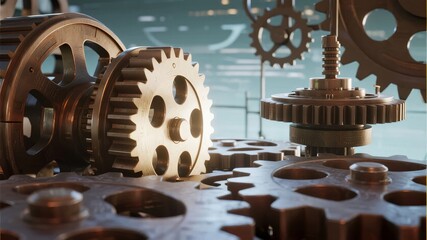 Close-up of interlocking metallic gears in a mechanical assembly