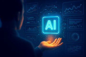 Person's Hand Reaching Towards Glowing AI Symbol Surrounded by Data Visualizations artificial intelligence