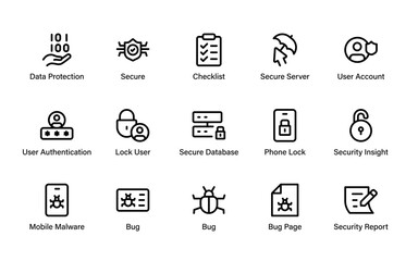 A detailed Cyber Protection Essentials icon set featuring security, authentication, data safety, malware defense, and privacy management symbols for digital projects.
