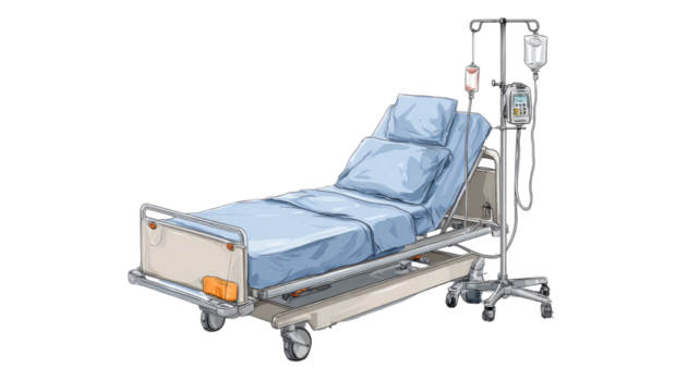 Hospital bed with IV drip illustration medical equipment healthcare patient care facility furniture isolated on white background