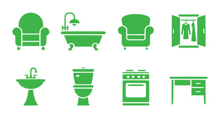 Green Icons of Household Furniture and Appliances