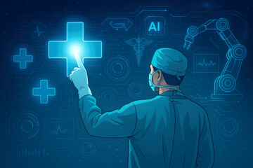 Surgeon Interacting with Futuristic Medical Technology Interface with AI and Robot Arm doctor healthcare
