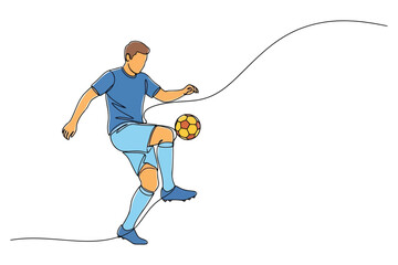 Vector art of soccer player juggling a ball with his knee continuous line drawing style shows the players movement