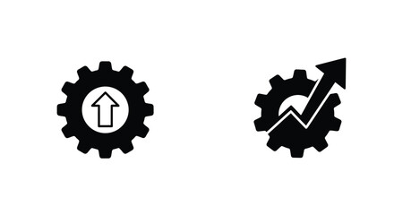 Two black gear icons with upward arrows representing progress and growth