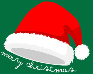 Red Santa hat with Merry Christmas text, festive greetings card or banner design element