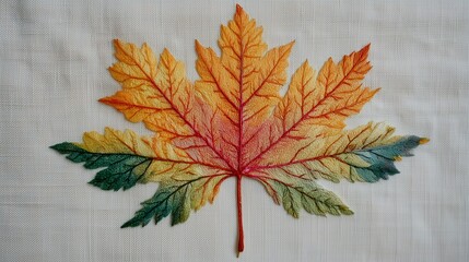 Vibrant autumn leaf embroidery showcasing intricate details and rich colors, featuring shades of orange, yellow, and green, creating a stunning textile art piece with natural beauty