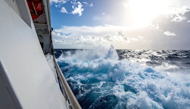 Ocean waves crash against ship
