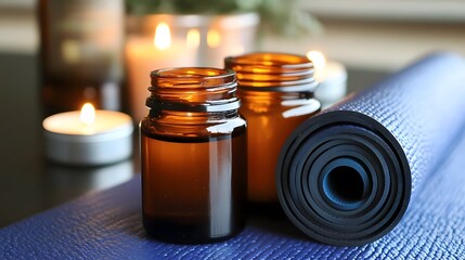 Essential oil bottles with yoga mat and candles for aromatherapy relaxation