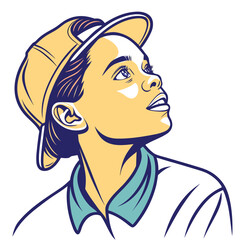 Stylized illustration of a young woman wearing a yellow cap and looking upwards with hope and determination