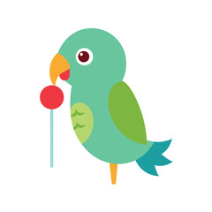 Cartoon green parrot holding a red lollipop on white background Keywords: parrot, bird, cartoon