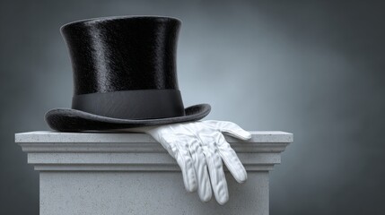 A black top hat and white gloves resting on a pedestal under spotlight, vintage ambiance with soft fog in the background