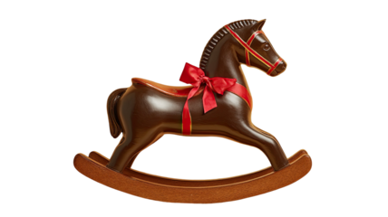 Brown rocking horse with red bow rests on yellow background vintage wooden toy decorative holiday ornament childhood nostalgia festive display isolated on white background 