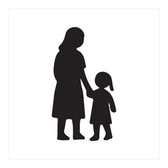 A simple vector graphic of a mother and daughter walking together hand in hand, a silhouette illustration of family life and parental love