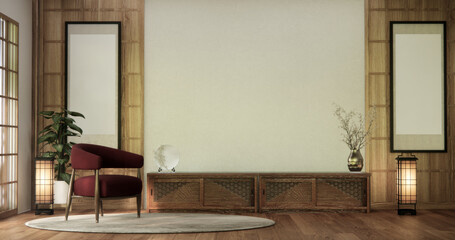 Cabinet on scene living room wall decoration and woo floor.3D rendering