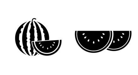 Black and white illustration showcasing a whole and sliced watermelon design