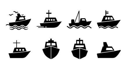 Collection of simple black silhouette icons depicting various types of boats