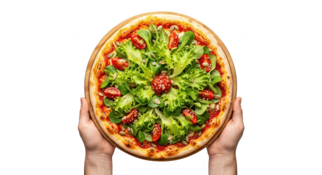 Hands holding a delicious fresh arugula and cherry tomato pizza