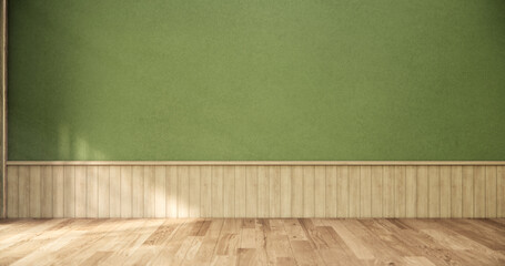 Green dark wall empty room, Modern japanese wood floor, room japanese traditional style. 3D rendering