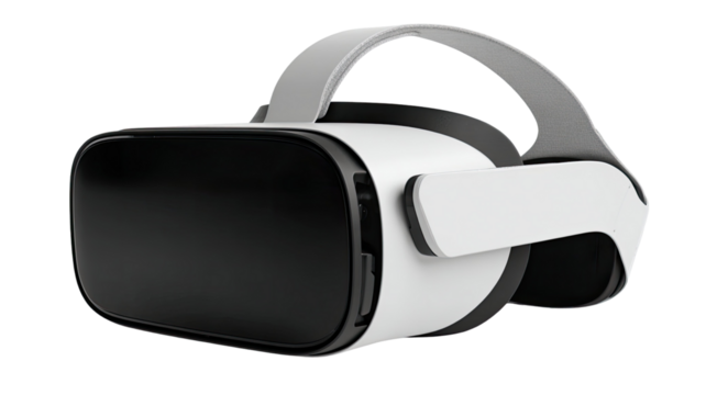 VR headset with black face and white sides virtual reality goggles immersive technology gaming equipment digital device vector illustration isolated on white background 