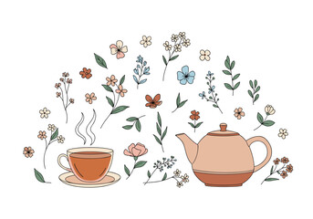 A cozy cup of tea surrounded by delicate floral elements.