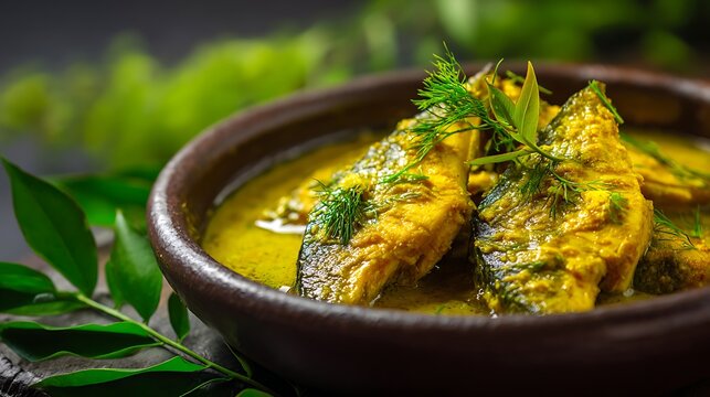 Shorshe Ilish isolated in a ceramic bowl, hilsa fish cooked in intense yellow mustard sauce