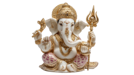 Seated Hindu deity Ganesha holding trident traditional religious sculpture illustration divine elephant god figure cultural artwork Indian mythology isolated on white background 
